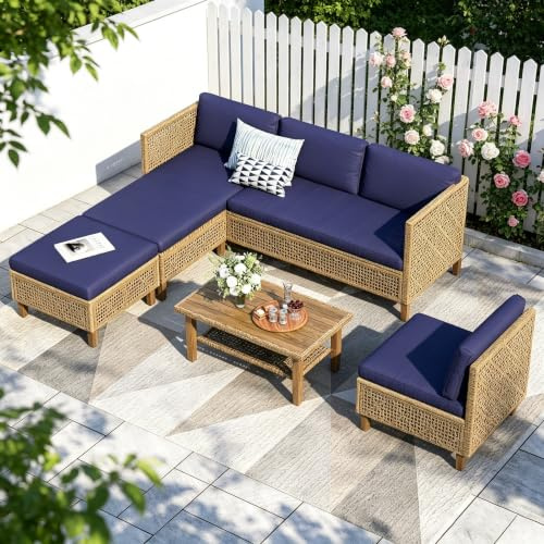 PHI VILLA Rattan Gartenmöbel Set Balkonmöbel 6 Personen, Lounge Möbel Outdoor Gartenlounge Gartensofa mit 1 Chaise Longue, 1 Zweisitzer-Sofa, 1 Ottomane, 1 Einzelsofa und 1 Couchtisch, Marineblau