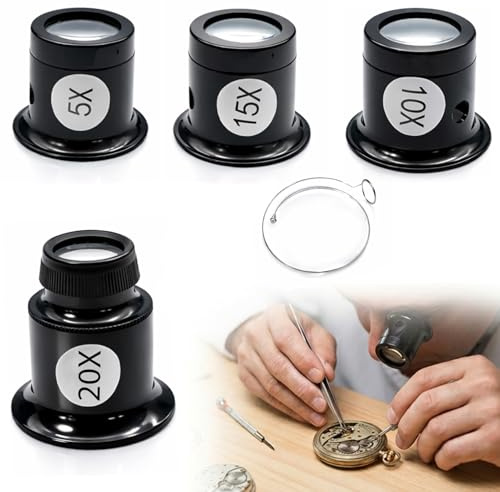 4 Stück Uhrmacherlupe Set 5X 10X 15X 20X Juwelierlupe mit Drahthalter | Uhrmacher Auge Okular Glaslinse Augenlupe für Uhr Schmuck Münzen Reparaturwerkzeug