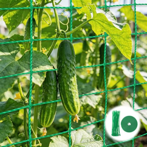 URAQT Trellis Netting for Plants, Plant Support Netting, Plants Climbing Net with 50 Pcs Cable Ties and 5m Tapes, Garden Net Mesh Kit for Cucumber Vine Tomatoes Bean Vegetables Fruits(1.8m x 2.7m)