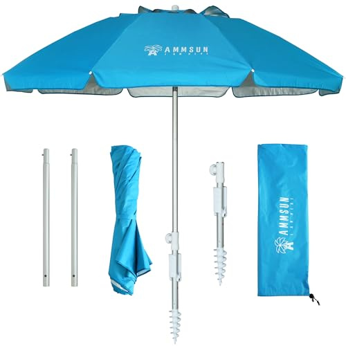 AMMSUN 6.5ft twice folded Portable beach umbrella with sand anchor windproof,Push Button Tilt and Air vent UV 50+ Protection Fits in a large Suitcase for Patio Garden Beach Pool Backyard Sky Blue