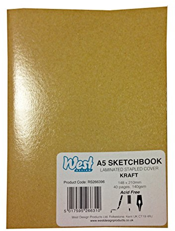 West Design - A5 Sketchbook, 140gsm, 40 White Pages, Stapled Laminated Kraft Cover, Crisp, Acid Free Plain, Blank Paper, Sketch, Draw, Journal, Scrapbook, Drawing Pad, Notebook, Home, Art Supplies