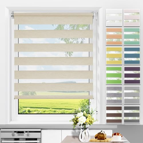 Allesin Doppelrollo Klemmfix ohne Bohren & mit Bohren, Duo Rollos für Fenster und Tür, Klemmrollo Fensterrollo lichtdurchlässig, Sichtschutz und Sonnenschutz, 40x150cm (BxH), Leinen
