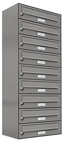 AL Briefkastensysteme 9er Briefkastenanlage Aluminiumgrau RAL 9007, Premium Briefkasten DIN A4, 9 Fach Postkasten modern Aufputz