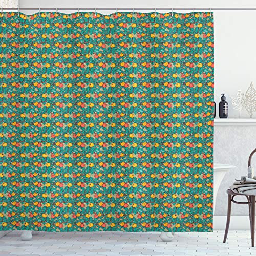 ABAKUHAUS Sommer Duschvorhang, Apfelbaum-Frucht-Blätter Kunst, Stoffliches Gewebe Badezimmerdekorationsset mit Haken, 175 x 180 cm, Türkis und Mehrfarbig