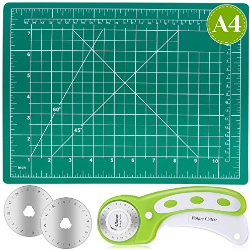 Audab Rotary Cutter Set, Self Healing Sewing Mats Rotary Cutter and Mat 45mm Rotary Fabric Cutter Set with 2 Blades Rotary Cutting Mat for Crafts Fabric Quilting Hobby 9 x 12(A4)
