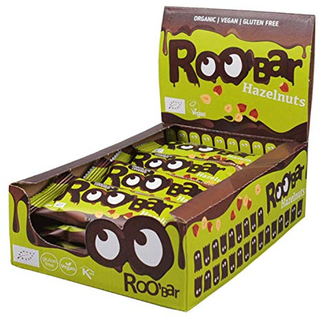 Roobar barre aux noisettes enrobées de chocolat - 100% organic et végétalienne - Sans produits laitiers ni gluten, sans sucre raffiné ajouté, 16 barres de 30 g