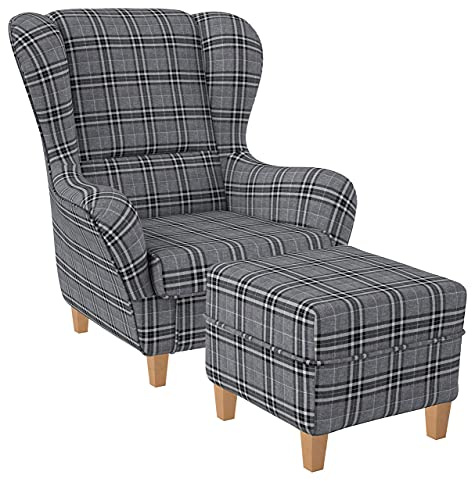 Supellex Ohrensessel »Sofia«, Design Oxford, kariert, hellgrau (Design-Nr.: 5149), wahlweise mit Hocker (inkl. Hocker)