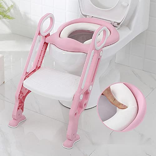 Toilettentrainer Kinder Toilettenstuhl WC Sitz, Töpfchen Toilettensitz Trainer Sitz mit Leiter/Treppe, Rutschfest stabil klappbar und höhenverstellbar für 1-7 jährige Kids (Rosa)
