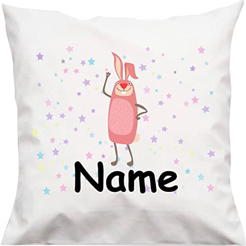 Shirtinstyle Kuschelkissen Tiermotiv Hase mit Wunschnamen, Kinderzimmer Kuscheln, Kopfkissen Dekokissen mit Füllung, Größe 40X40cm, Farbe weiß, Samt