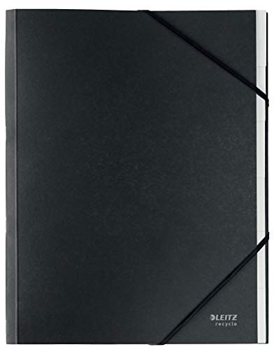Leitz A4 Ordnungsmappe, 6er Pack, je 6 integrierte Fächer, Elastischer Gummiband-Verschluss, 100 Prozent recyclebar, Umweltfreundlich, Recycle-Serie, Schwarz, 39140095