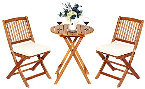 GOPLUS 3tlg. Gartenmöbel Set aus Akazienholz, klappbares Balkonmöbel-Set, inkl. Rundtisch und 2 Stühlen mit Kissen, Sitzgruppe, Sitzgarnitur, für Außenbereich (Beige)