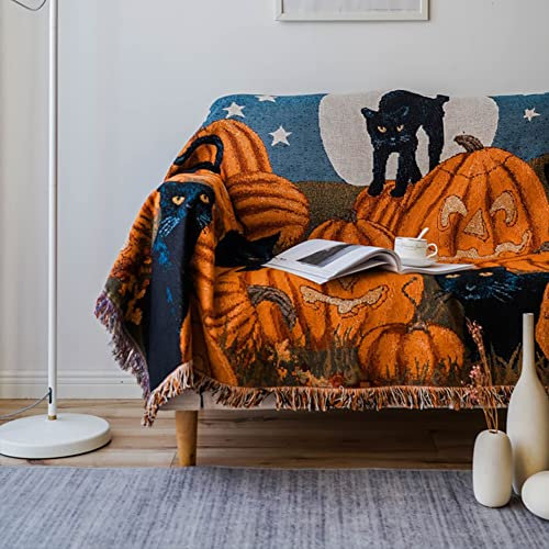 Jilijia Manta de franela suave con flecos, Cobijas, diseño de calabaza, color negro, para el hogar, sofá, silla, salón, dormitorio