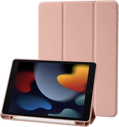 Hülle Kompatibel mit iPad 9 8 7 Generation 10.2 Zoll, Model 2021/2020/2019,9./8./7. Hülle mit Stifthalter, Trifold Ständer Schutzhülle, Auto Schlafen/Wachen for iPad 10,2 - Roségold