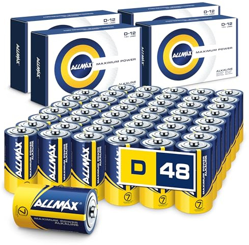 Allmax D Maximum Power Alkaline Batteries (48 Count) – Ultra Long-Lasting, Leakproof Design, 7-Year Shelf Life, Maximum Performance (1.5V)