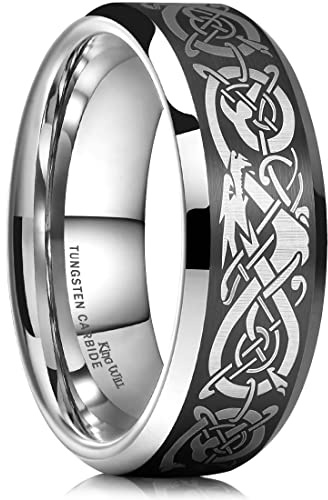 King Will Black Silver Celtic Dragon Tungsten/Sandalwood Inlay NATURE 8mm Rose Gold Celtic Wedding Engagement Ring Band Comfort fit