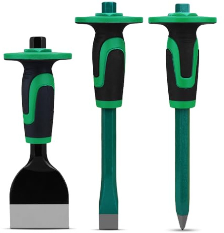 3PCS Masonry Chisel Set,12 Inch Point Chisel and Flat Chisel,9 Inch Brick Chisel,Tile Chisel Concrete Chisel with Hand Guard,for Concrete Stone Brick Rock Breaking Demolishing Mason Tools