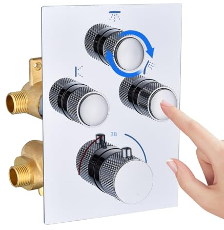 Thermostatic 3 Way Concealed Shower Mixer - Chrome 3 Outlet Diverter Valve with Push Button, Adjustable Flow & Temperature, Simultaneous Operation