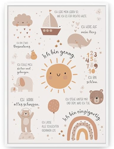 HappyArts® | Kinderzimmer Bild A4 Affirmationen Poster Deko Mädchen Junge Babyzimmer | Affirmationsposter Affirmationen Selbstliebe Achtsamkeit OHNE RAHMEN