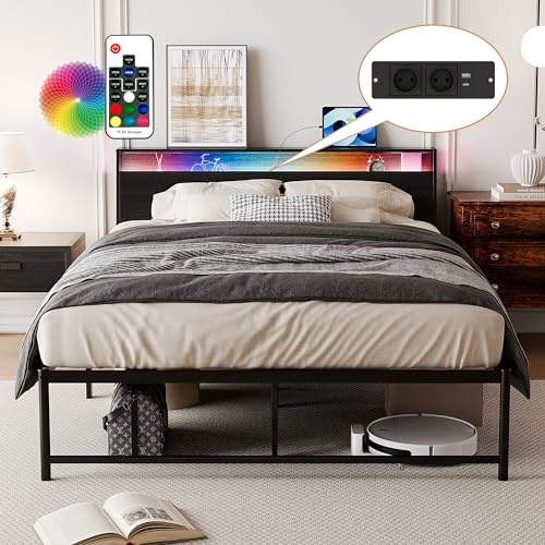 BEXEVUE Cama de Metal Doble con Enchufes LED - 140x200 cm Simple Moderna Marco de Cama Hierro Industrial, Fuerte y Durable, Fácil Montaje para Grandes Espacios Dormitorio Salón Hogar Hombre Mujer