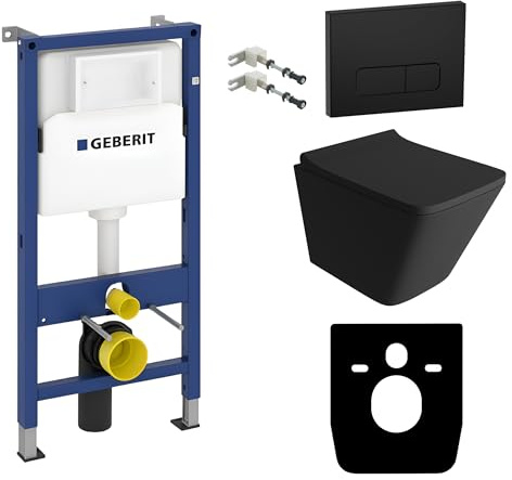 Lavita WC Set: Geberit Duofix Basic Vorwandelement + Wand Tiefspül WC Lago Schwarz Spülrandlos + WC Sitz + Bedienplatte Delta 25 Schwarzer Knopf Komplettset Unterputz Spülkasten Toilette Komplett Sett