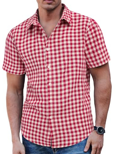 COOFANDY Camicia da uomo a quadretti, a maniche corte, per il tempo libero, vestibilità normale, casual, E-bianco&rosso, M