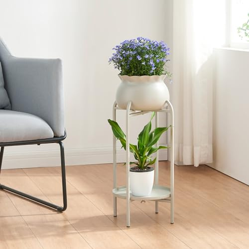 [en.casa] Blumenständer Altena Pflanzenständer mit Blumentopf und Ablage Metall Hellgrau Pflanzenregal 80,5 x 40 x 40 cm Blumensäule für innen Blumentopfständer