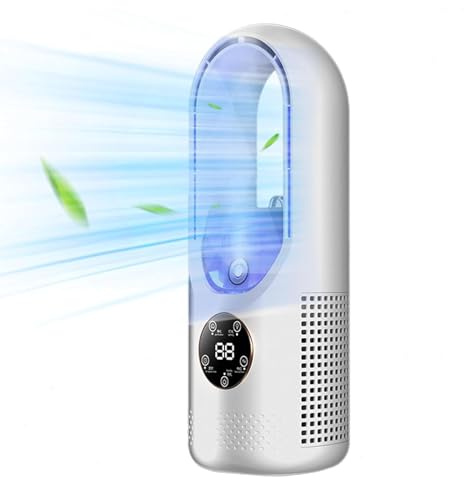 Ventilateur USB multifonction sans pale, ventilateur de refroidissement à 6 vitesses avec minuterie, ventilateur vertical sans pale avec affichage LED, faible bruit, portable (Blanc)