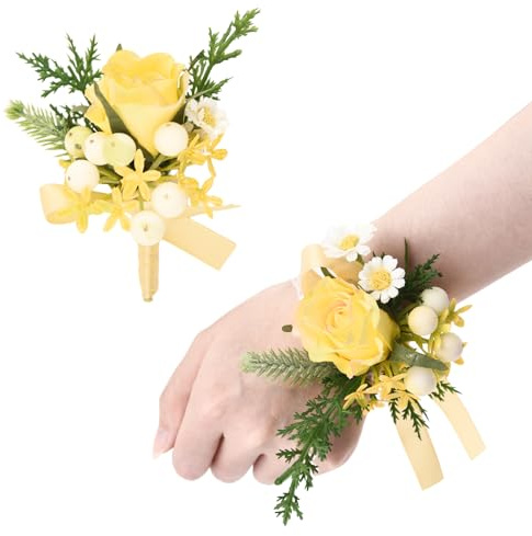 URROMA Hochzeits-Handgelenk-Ansteckblume und Ansteckblumen, 2 Stück, künstliche hellgelbe Blumen-Rose, Handblumen-Set für Abschlussfeier, Abschlussball, Hochzeit, Party
