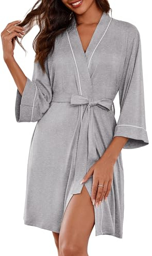 Ekouaer Women Kimono Robes Knee Length Knit Bathrobe Lightweight Soft Sleepwear V-neck Casual Ladies Loungewear