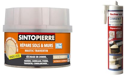 SINTO Répare Sols et Murs Travertin - 280gr - Reconstitue, Rebouche et Colle - Tous Types de Pierres - Sèche Rapidement & fischer - Ciment Express Ton Pierre 310ML - 1 cartouche