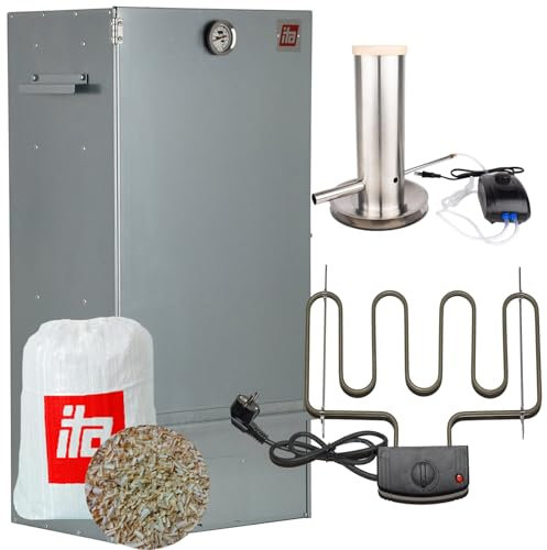 ITA Horno eléctrico para ahumar 7001 – Juego de ahumar con calefacción, generador de humo, armario para ahumar con termómetro, acero aleado, calidad europea, directo del fabricante, 81 cm con 3 pisos