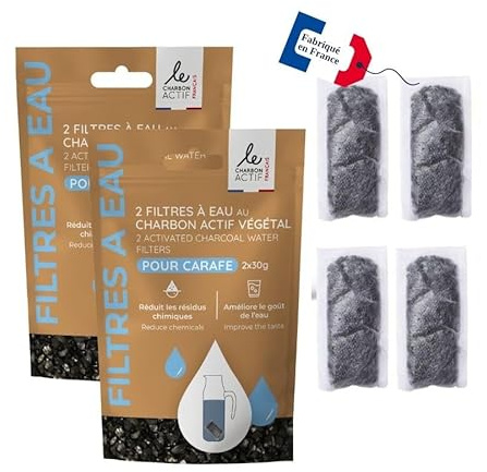 Juego de 4 filtros de agua carbón activado vegetal francés Gránulos súper activados, en solo 20 minutos, natural para jarra, botella, calabaza, filtro de agua corriente