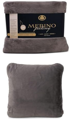 Gözze Wendewohndecke Merino und 2er Set Merino-Kissenhülle, 220x240 cm + 50x50 cm, Farbe: anthrazit