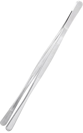 sourcing map Kitchen Tweezers Stainless Steel, 8 Inch Food Tongs Fine Cooking Tweezers Set Extra-Long Tweezer Tongs for Cooking Grill Baking BBQ, Silver Round Straight Clip
