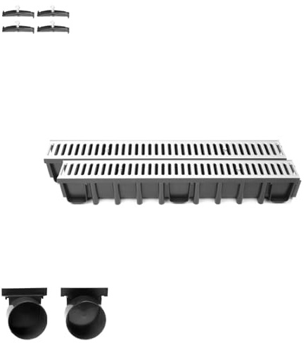 Entwässerungsrinne Set – befahrbar (A15) mit verzinktem Stahlrost | 2 m Länge, Bauhöhe 148 mm | Weitere Varianten: 1–10 m Länge, Bauhöhe 63 mm, 98 mm, 148 mm | Ablaufrinne für Garten, Hof & Einfahrt