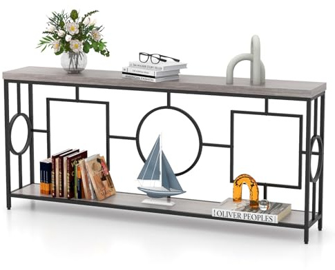 LIFEZEAL Consolle Ingresso, Lungo, 180x30x80cm, Tavolo Consolle a 2 Ripiani, Stile Industriale, Moderno, Decorativo, Console Entrata, Corridoio, in Legno, Metallo, Max 50 kg, Grigio e Nero