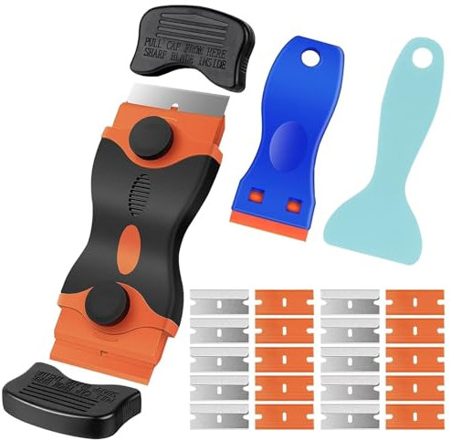 WOLMIK Double-Edged Razor Blade Scraper with 10 Metal +10 Plastic Blades, Paint Plastic Window Scraper Tool, Multi-Purpose Cleaning Razor Glass Scraper for Stickers, Decals, Windows