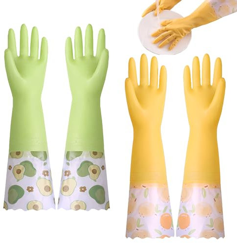 LHLZNB Fruit Wide Thermal Dishwashing Gloves with Fleece Lining & Wide Cuff - Heavy Duty Cold Weather, Medium/Large, Non-Slip （Orange+Green