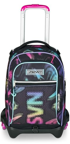 Seven - Mochila escolar Jack de 3 ruedas, color negro fucsia, mochila con carro desmontable de 34 l, bolsillo para botella y sistema cruzado, fácil de manejar, para escuela primaria y secundaria