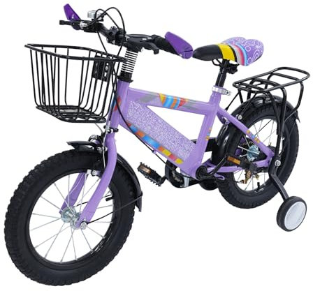 Levkitch Flickcykel med korg för 3–6 år gamla barn, 14 tums cykel med klocka och stabilisatorer cyklar (lila)