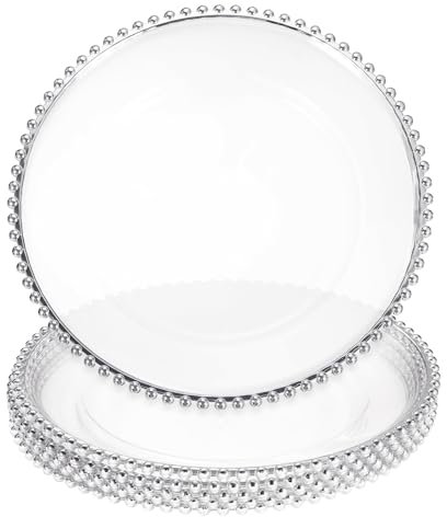 QUARKZMAN 6pz Piatti Sottopiatto Trasparenti all'Ingrosso, 13 Piatti Sottopiatto Rotondi in Plastica con Bordo Perlato per Tavola da Pranzo Decorazione per Matrimoni Feste Eventi, Argento