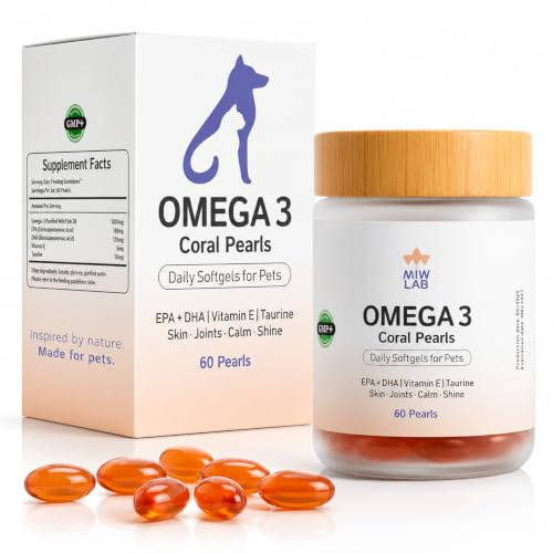 Omega 3 Olio di Pesce 60 Softgel per Cani e Gatti con 180mg EPA, 120mg DHA, Taurina e Vitamina E per Pelo Lucido, Articolazioni Flessibile e Sistema Immunitario Forti | Qualità Premium (Salmone)