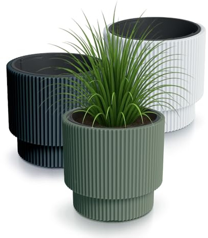 Blumentopf Outdoor Gerillt - Rippen-Design Blumentopf Gross Innen - Stilvolle Blumentöpfe Für Aussen, Rillen Design, Wetterfest und Robust, Ideal für Garten und Terrasse (Grün, 400)