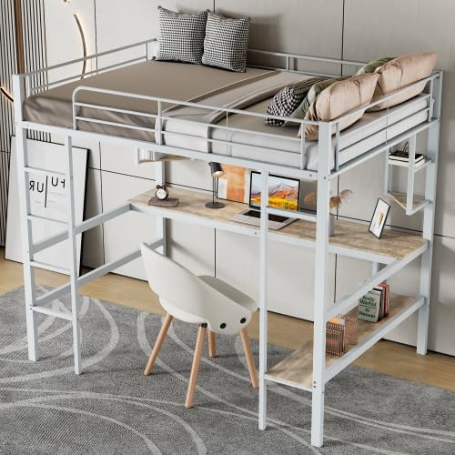 Temdlerpp Lit Mezzanine 90x200 cm avec Bureau, lit Mezzanine ado avec 4 étagères et bibliothèque, Cadre de lit en Fer, Blanc