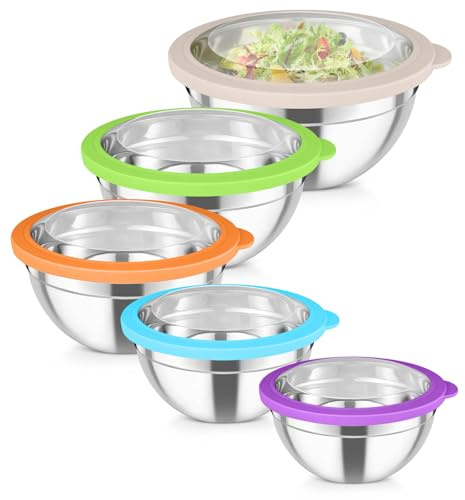 Homikit Rührschüssel 5er Set, Edelstahl Schüssel mit Deckel, Bunt | Salatschüssel mit Transparenter Luftdichtem Deckel, Stapelbar Schüsselset, 4,6L/2,8L/1,6L/1,2L/0,7L, Spülmaschinenfest