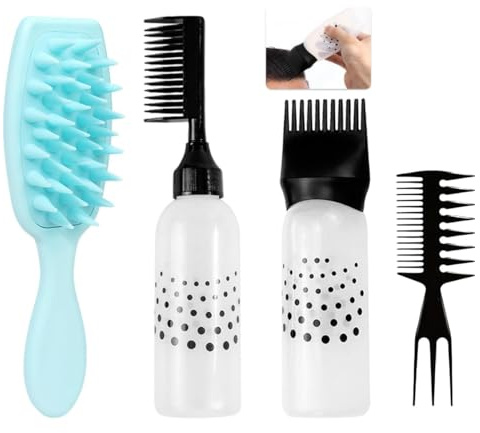 Hair Dye Applicator Kit, 4 Piece Set with Massage Brush, Soft Silicone Scalp Brush, Oil Applicator Bottles with Combs, Mint Green and Black, for Home and Travel Use