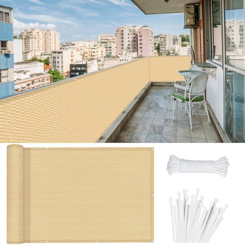 Brise Vue Balcon Extérieur 90 x 200 cm HDPE 220G/M², Protection Contre Soleil, Résistant Aux Intempéries Écran de Confidentialité pour Balcon pour Jardin Patio, Jaune Sable