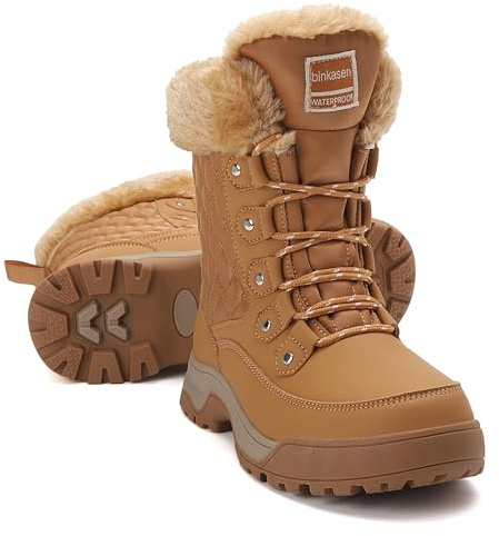 binkasen Snow Boots Women Non Slip Waterproof Insulated with Laces Brown US 11