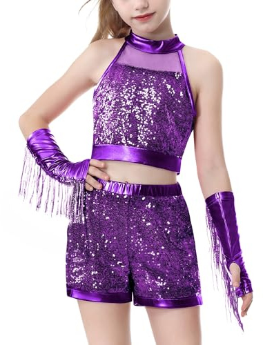 LOLANTA Tjejers crop top & shorts, set med fransärmar, lila, 7-8 år
