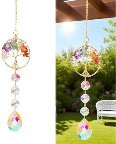 AHRLIC Chakra Crystal Tree of Life Hanging Ornament with 7 Chakra Colourful Gemstones | Natural Crystal Sun Catcher for Window Garden Wall | Chakra-Inspired Ornament Gift for Women Men Friends
